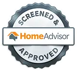 HomeAdvisor 'Screened & Approved' seal with logo and orange house icon